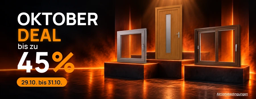 Aktionsbild mit Fenster- und Türelementen auf einem digitalen Podest in orangem Licht zum Oktober Deal von meinfenster24 mit bis zu 45% Rabatt auf Fenster und andere Bauelemente.